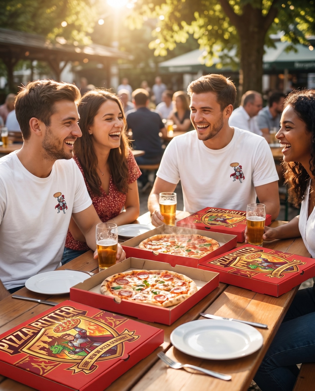 Freunde genießen frische Pizza Ritter Pizza aus ihrer Burg in der Nähe