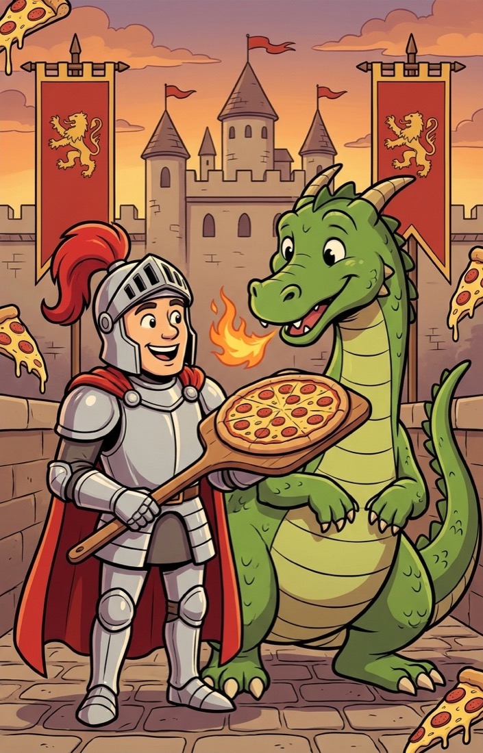 Der Pizza Ritter mit Drache vor seiner Burg